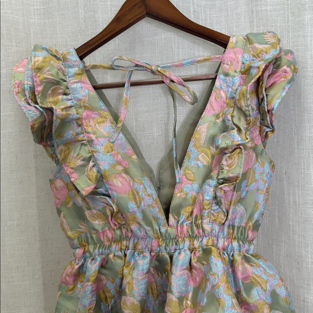Buddy Love Jacquard Floral Ruffle Tiered  Dress in Sage Green and Pastel Pink - Picture 10 of 15